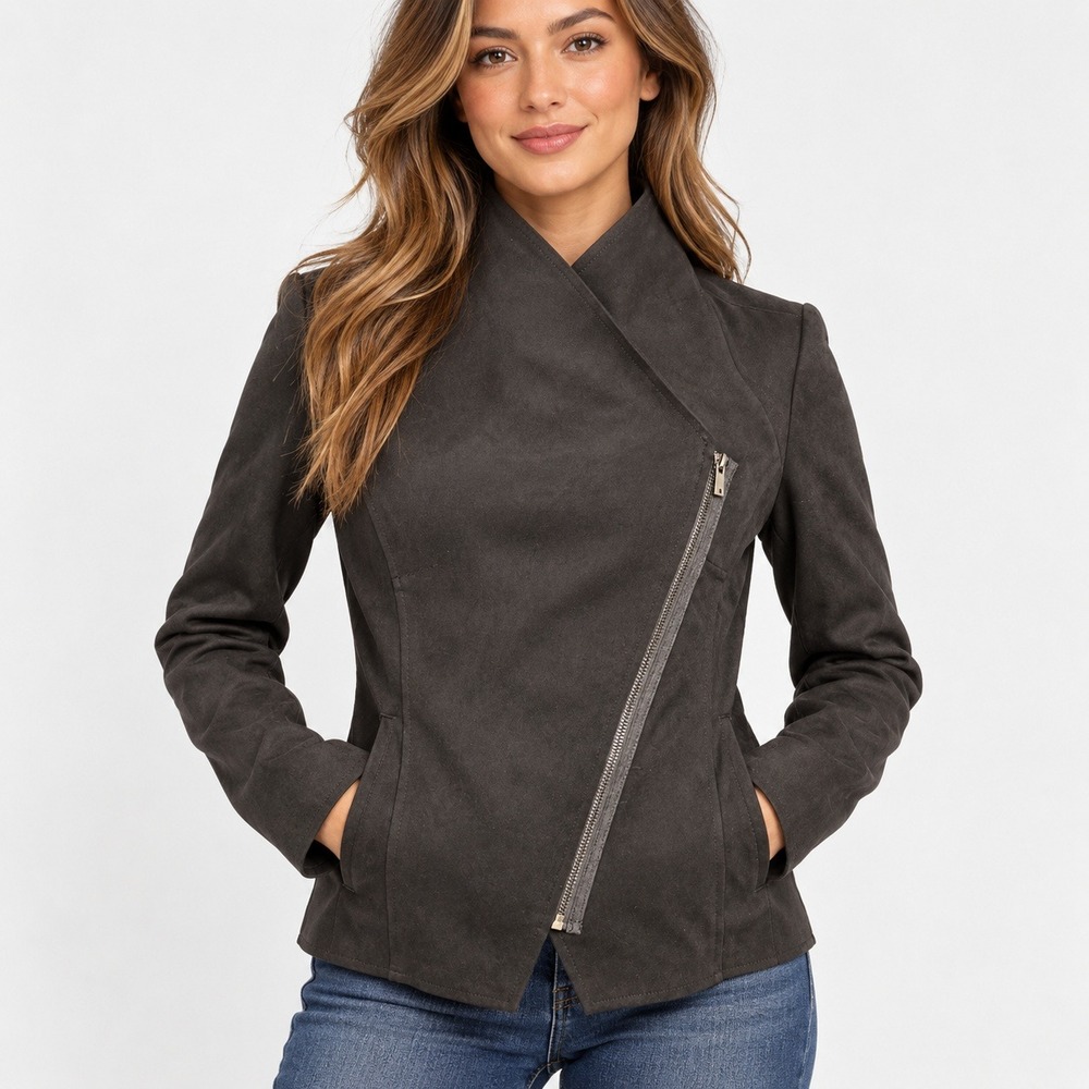 KUT from the Kloth Black Faux Suede Asymmetrical Zip Moto Jacket XS